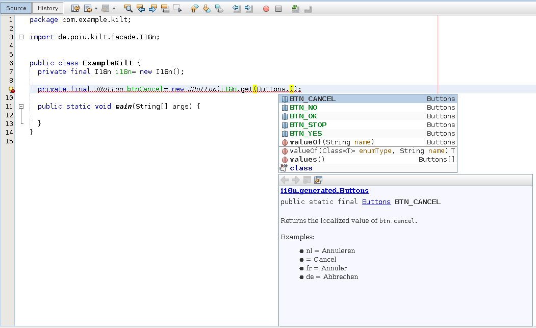 Example for Kilt autocompletion in Netbeans IDE